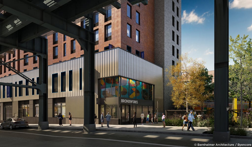 Rendering of River Commons, a mixed-use development in the South Bronx with the BronxWorks entrance.