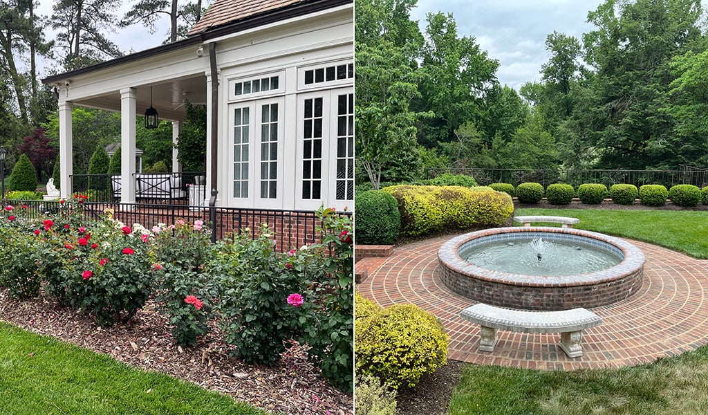 (Left) Restored rose garden beside the house and pool. (Right) Circular fountain surrounded by brick walkway and greenery.
