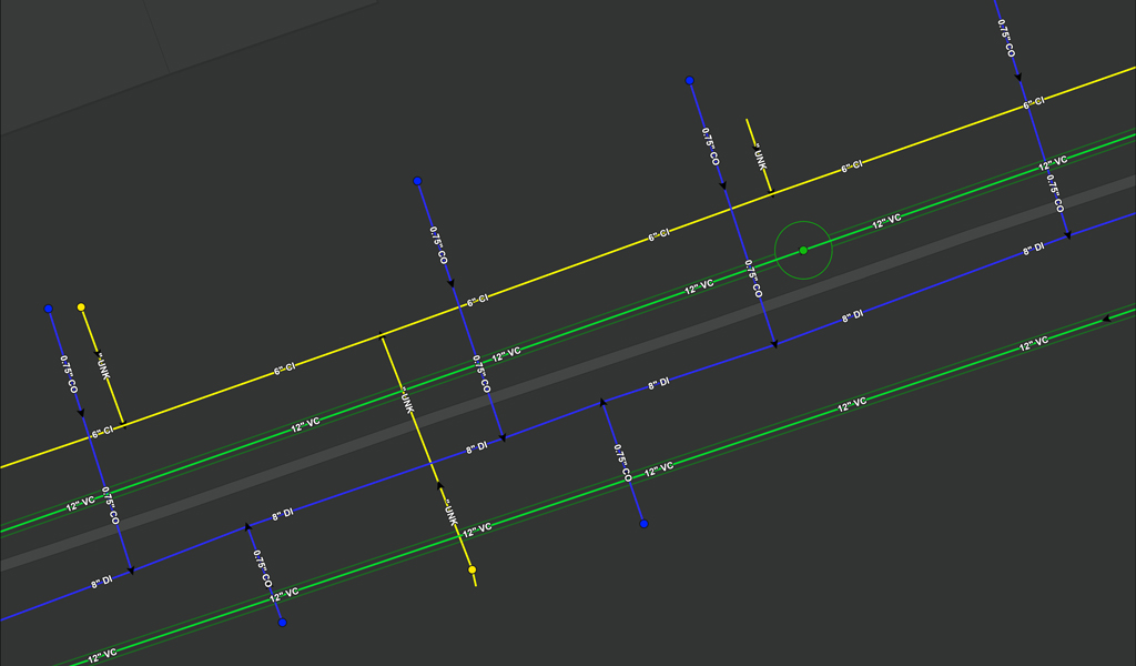 Visualization of a 3D coordinate system with multiple grid lines in yellow, blue, and green, intersecting at various angles. The highlighted area is marked by a green circle at one of the intersections.