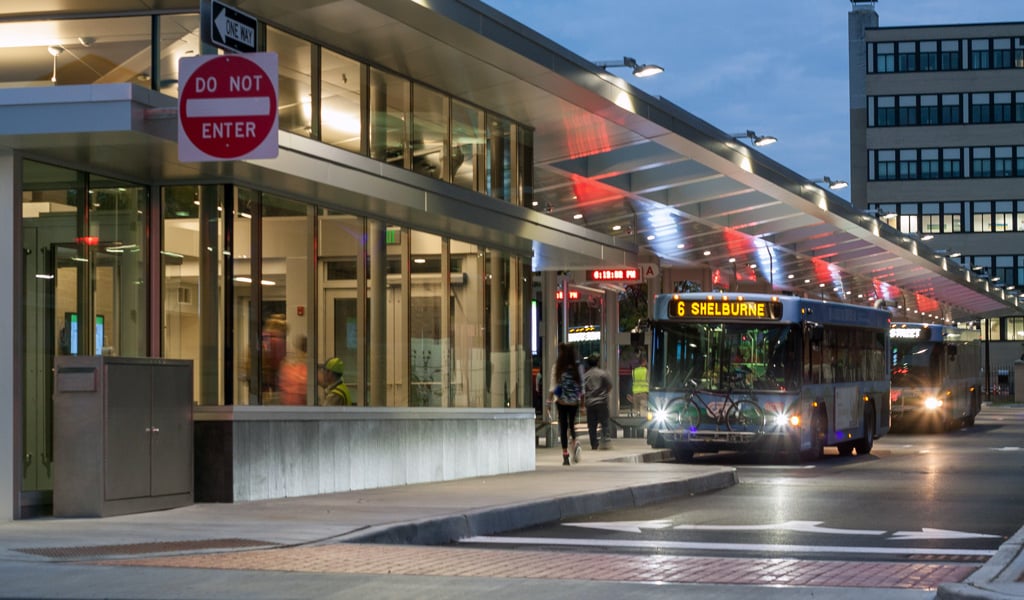 Shelburne bus at a bus station.