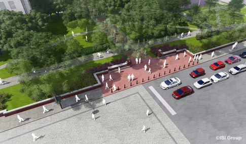 A color rendering of a new college campus entry plaza showing cars and pedestrians.