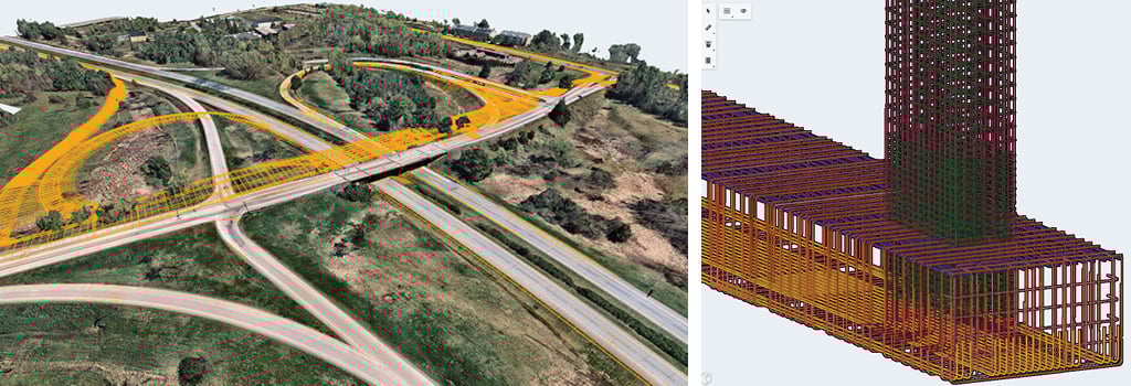 Left: An OpenRoads Designer model of the I-89 Exit 17 interchange. Right: An OpenBridge model of pier reinforcement for the US Route 2 replacement bridge over I-89.