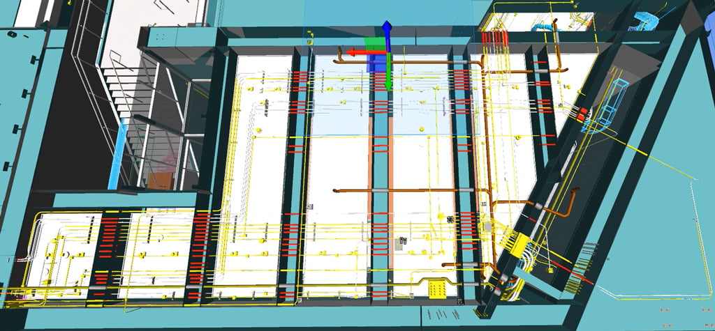 A top-down view of the Crystal City East Entrance Revit model showing the interaction between structural designs (turquoise), MEP designs (yellow and orange), and conflicts between the two (red).