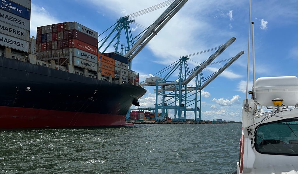 VHB’s boat as it passes the Port of Virginia. 
