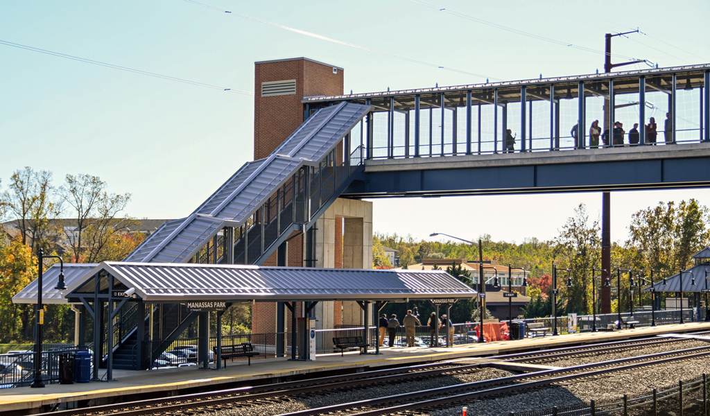 The new pedestrian bridge over the train tracks.