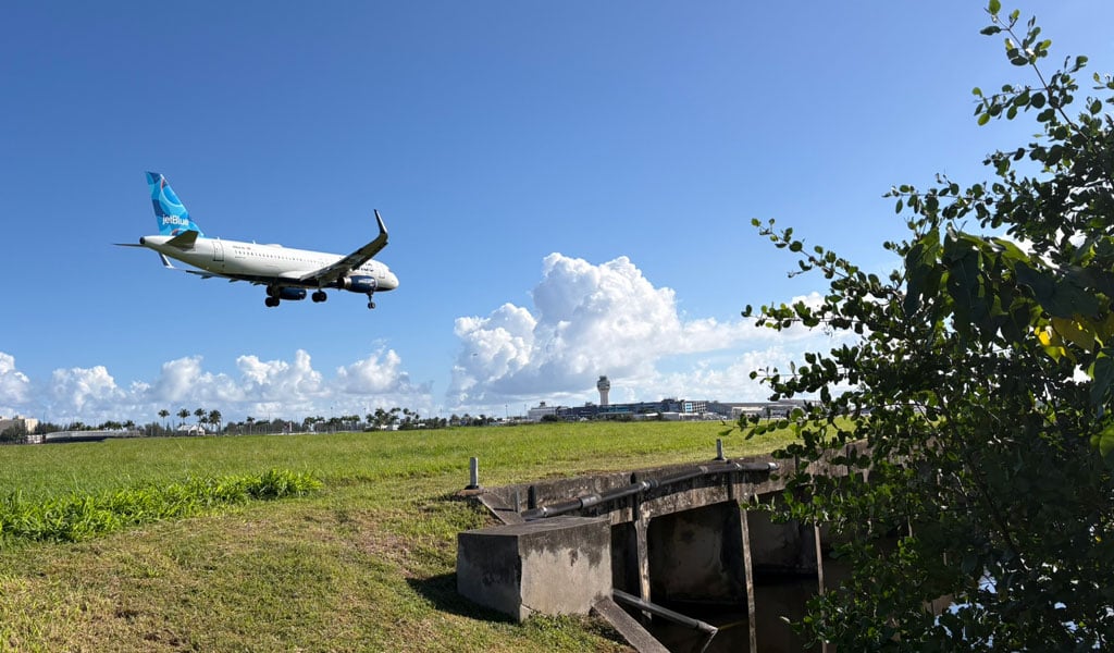 Plane flying over grassy area.