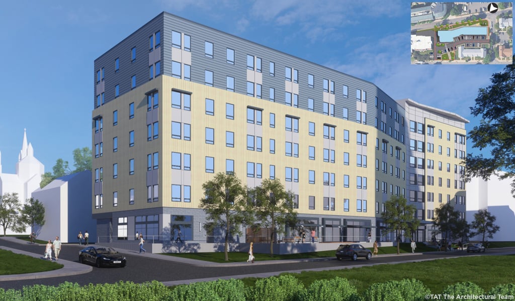 Rendering of large, multistory building in an urban setting with greenspace in the foreground.