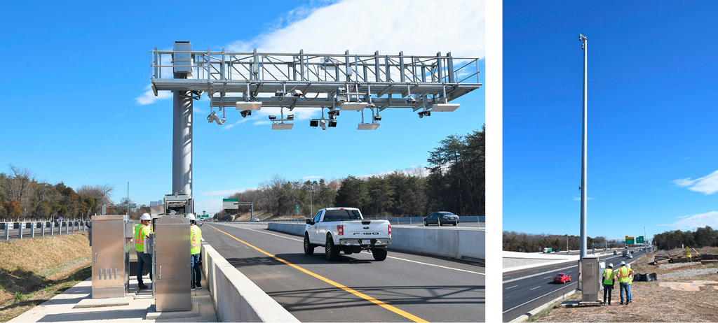 Collage of A few members of VHB’s team on site surveying the controller cabinets beside a toll gantry and Three VHB team members surveying a roadside camera setup.