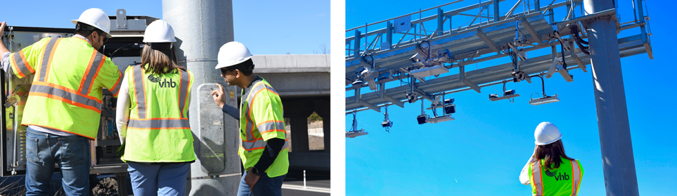 Collage of Three project team members checking on the controller cabinets along the corridor and Nadia Boller observing the toll gantry while on site with the team.