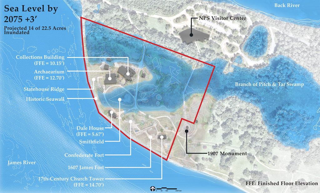 A map of Jamestown illustrating the site’s sea level by 2075, predicting it will rise 3 feet.