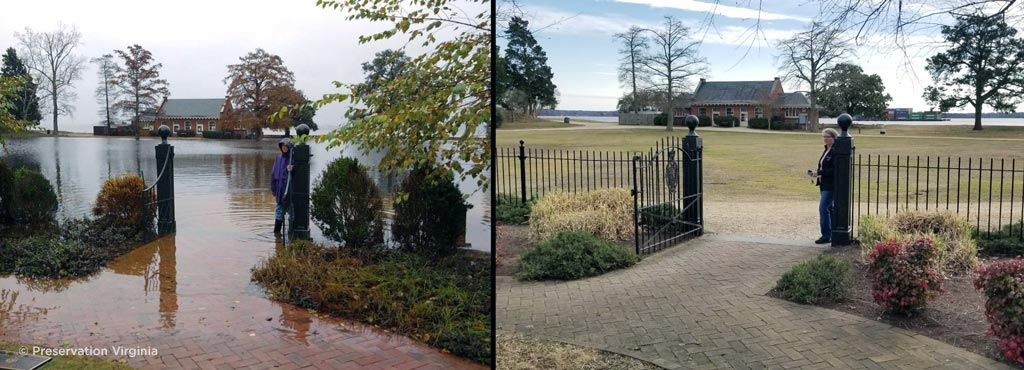 A before and after image that shows the flooding after a typical moderate flood event at Historic Jamestown. 