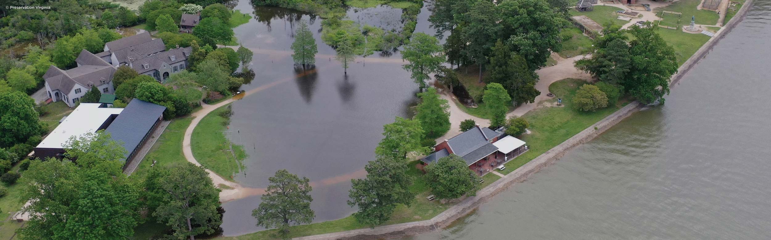 An aerial photo of flooding at Jamestown after a major rain event.