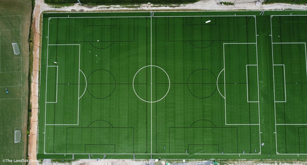 An aerial view of the newly enhanced turf soccer fields. 