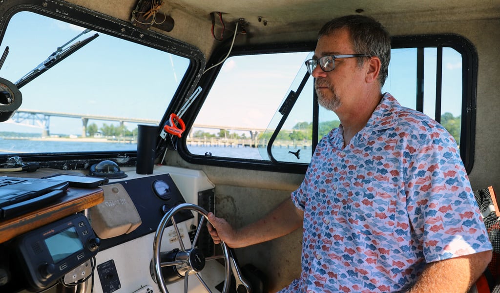 George Rollins driving the boat for VHB’s hydrographic survey.
