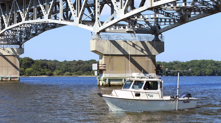 VHB’s hydrographic survey boat cruising the York River. 