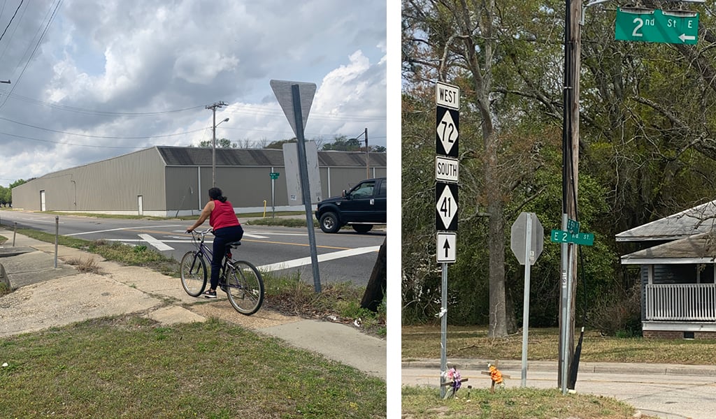 Collage of a person in the city passes over a railroad crossing and Roadside memorials along the corridor where fatal crashes have occurred.