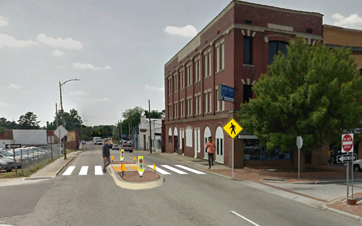 An example of a future pedestrian safety enhancement to a crosswalk through Lumberton’s historic downtown.