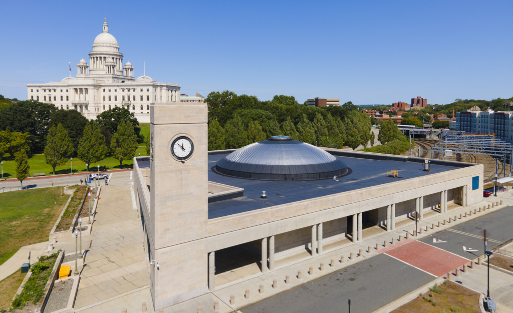Overhead shot of Providence train station and the RI capitol building.