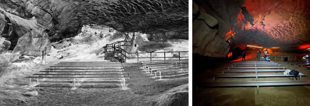 Seeing River Hall at Mammoth Cave National Park in two ways: a digital reality capture (left) and the view in person (right).