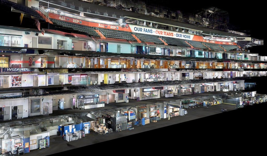 A section view of a DC sports and entertainment venue point cloud that allowed VHB’s partners to verify the existing conditions Revit model for accuracy and completeness.