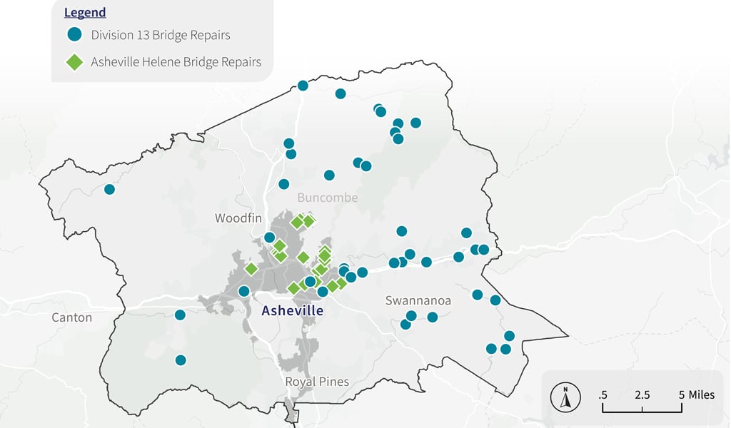 Map marking bridge repair projects in and around the City of Asheville, NC.