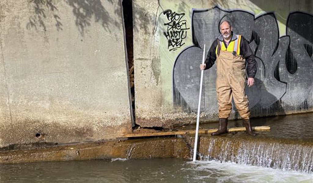 Field professional in chest waders and a high-visibility vest stands in a shallow stream beneath a concrete structure, using a measuring rod near a small drop in the water flow; graffiti is visible on the concrete wall behind.