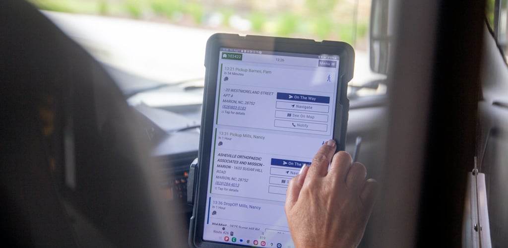 MEE NC drivers rely on an integrated mobile platform that manages trip requests, routing, and rider information, enabling efficient, door-to-door microtransit service throughout the community.
