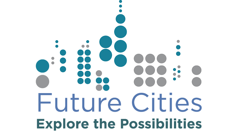 The words future cities below a series of dots in different sizes and colors.