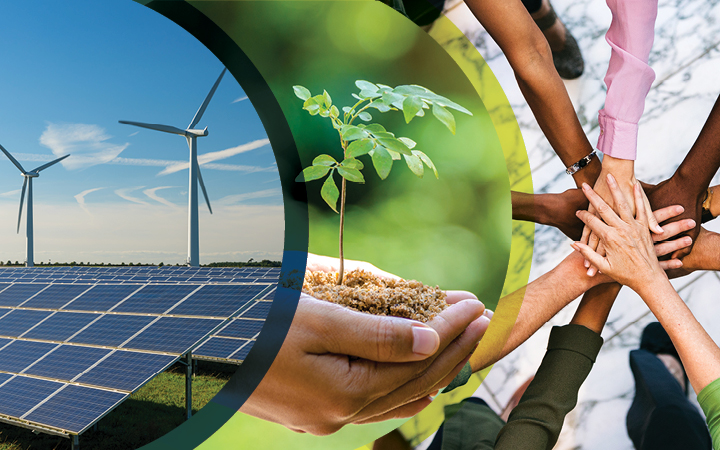 Wind turbines and solar panels, a plant and soil held in a hand, and residential battery storage units.