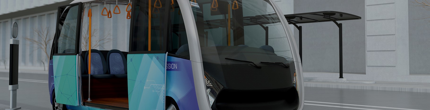 Self-driving shuttle bus waiting at bus station. The bus station equipped with solar panels for electric power.