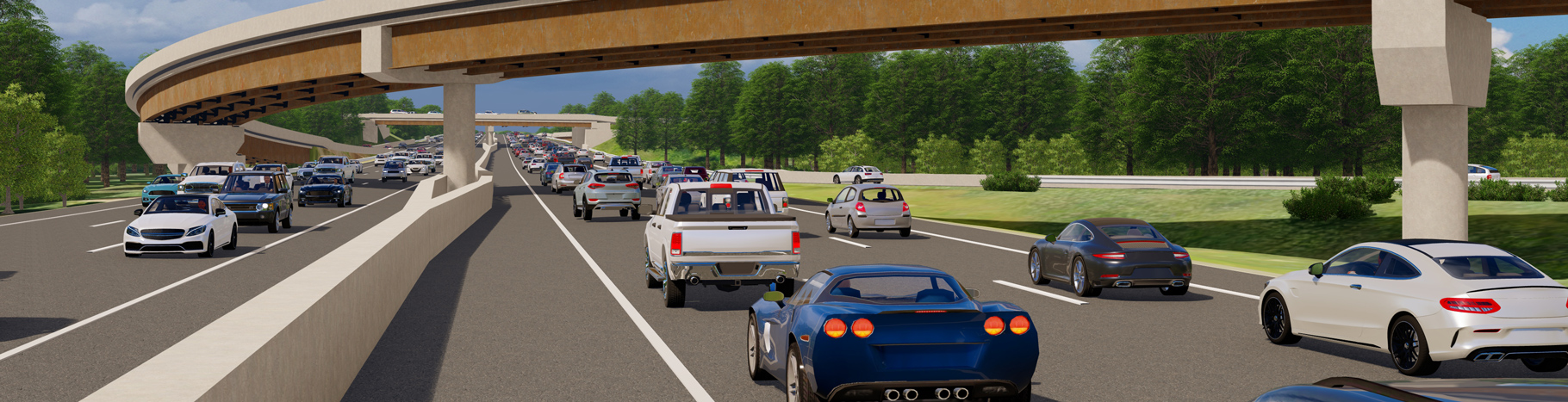 A rendering of automobiles traveling under a busy roadway overpass