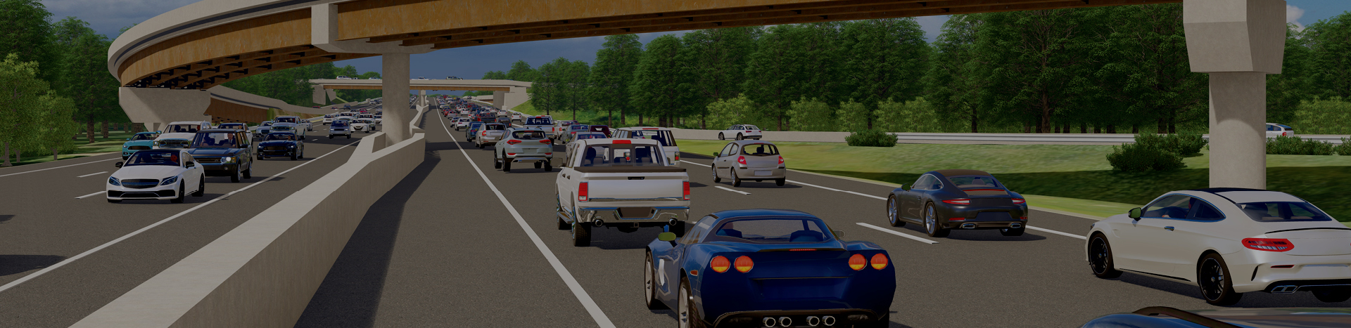 A rendering of automobiles traveling under a busy roadway overpass