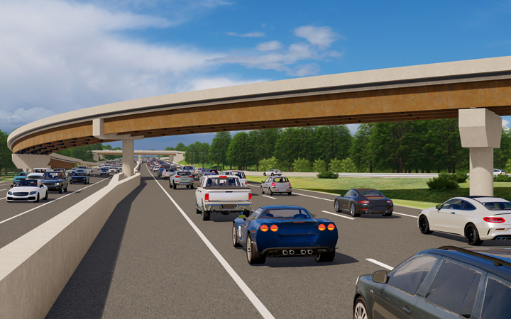 A rendering of automobiles traveling under a busy roadway overpass