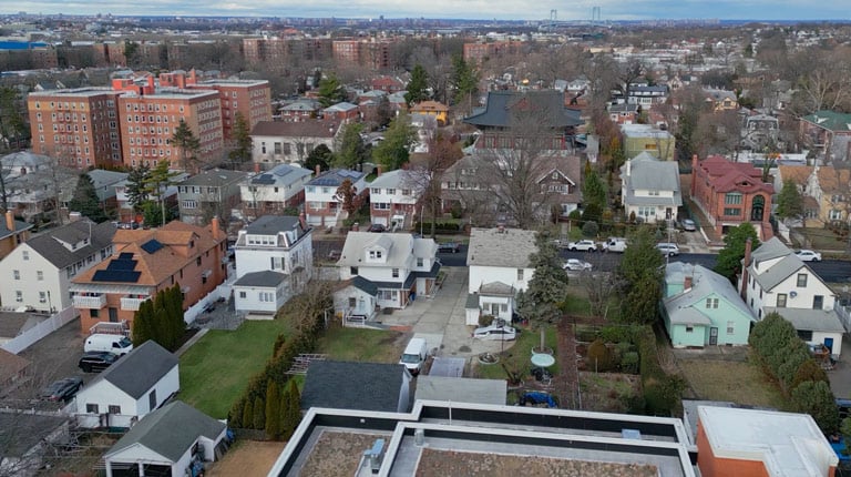 An aerial of housing and apartments.