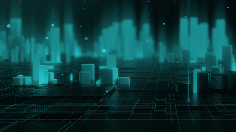 A digital city represented by tall buildings and infrastructure.