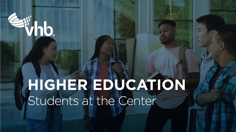 Five students gathering on campus with the following foreground text, "Higher Education Students at the Center."