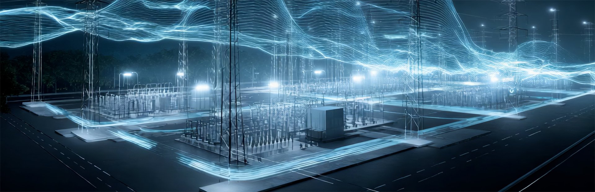 Futuristic power grid with blue energy wave over the substation transformers.