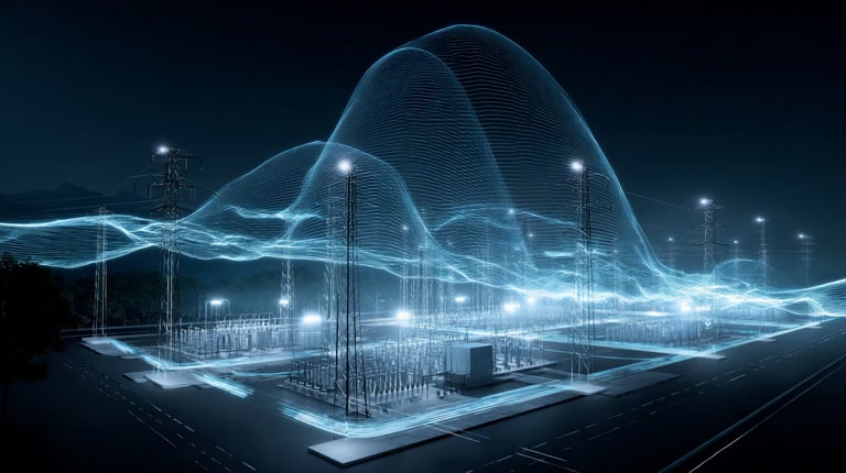 Futuristic power grid with blue energy wave over the substation transformers.