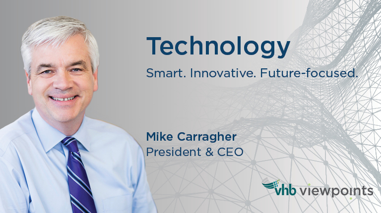 Mike Carragher with data points in the back ground and the title Technology: Smart. Innovative. Future-focsed.