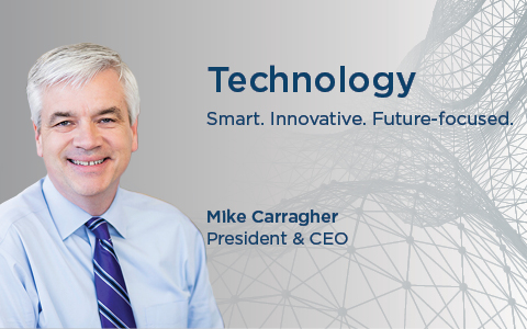 Mike Carragher with data points in the back ground and the title Technology: Smart. Innovative. Future-focsed.