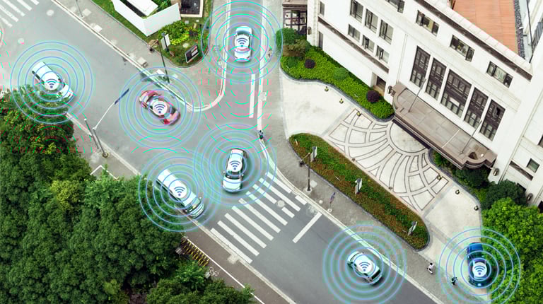 Sensing system and wireless communication network of vehicle. Autonomous car. Driverless car. Self driving vehicle