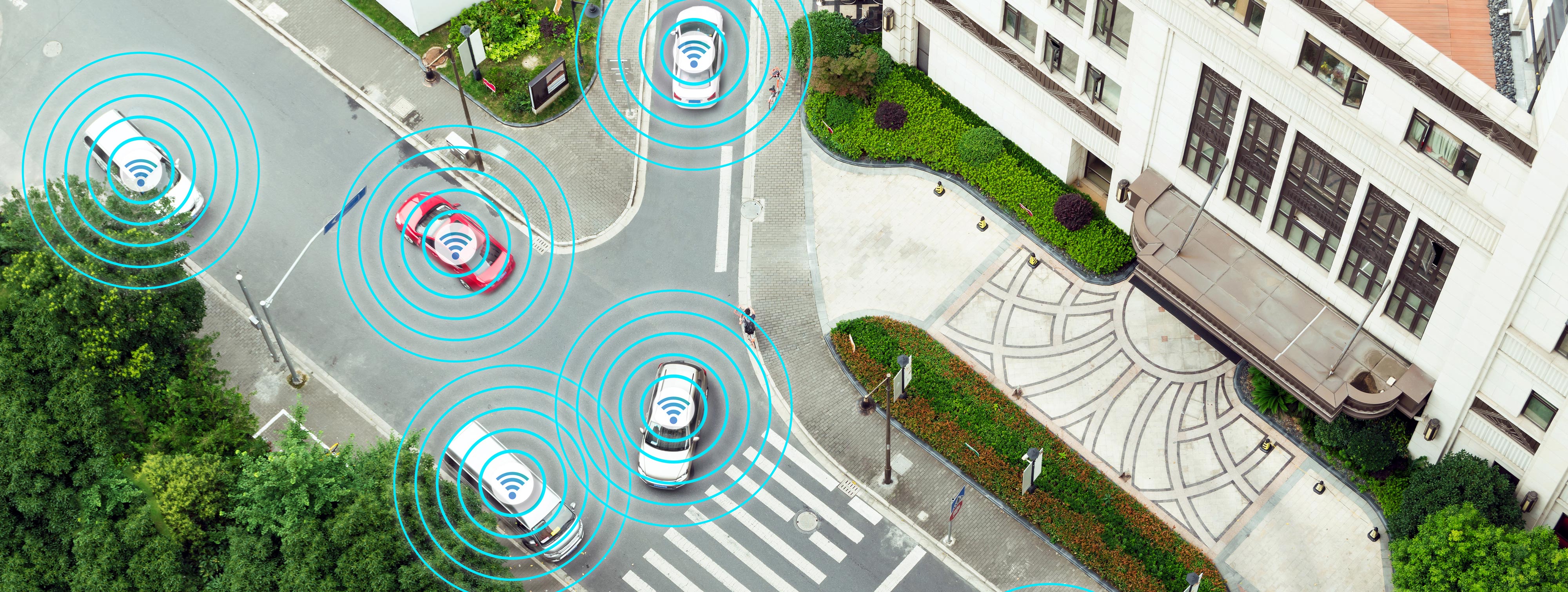 Graphic depicting a busy college campus featuring autonomous vehicles.