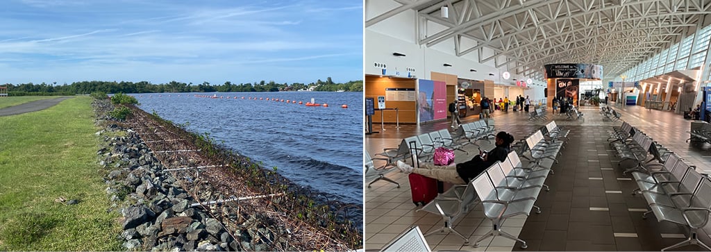 Interior of an airport with seating area.