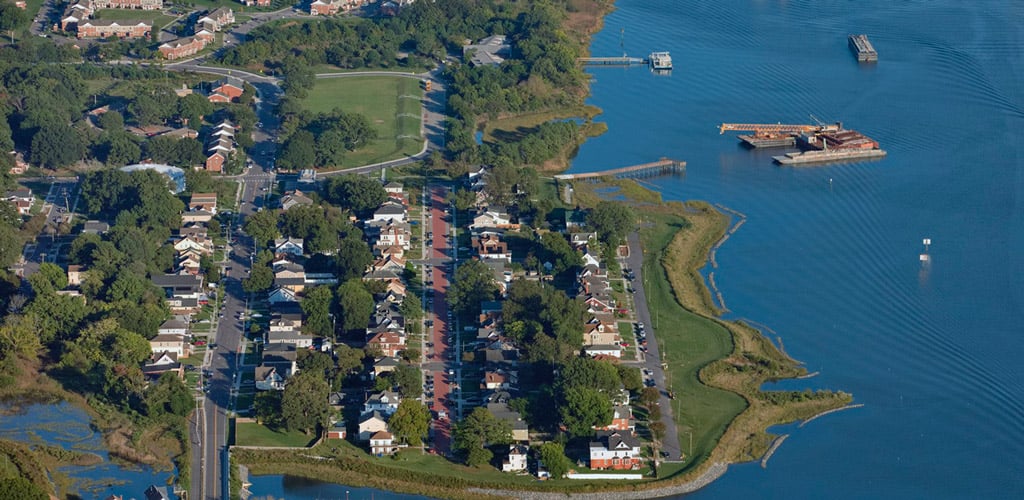 Aerial view of a subdivision and new protected shorelines
