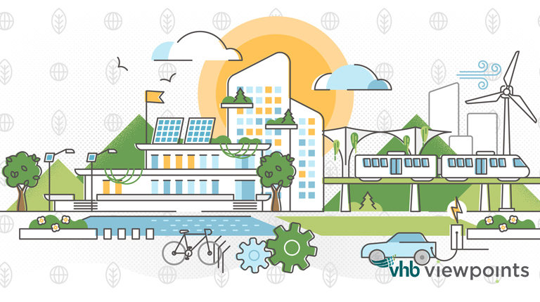 Illustration of a city and various forms of transportation including roads, bike paths, trains and energy sources including solar, wind and EV charging stations