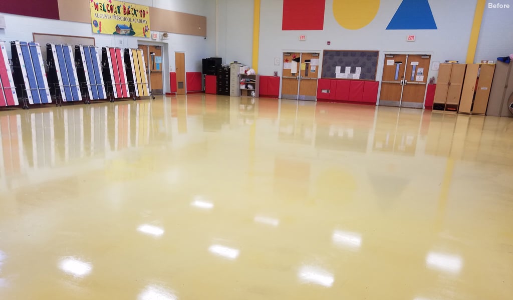 Before and After case study image showing a beige floor and a blue floor.