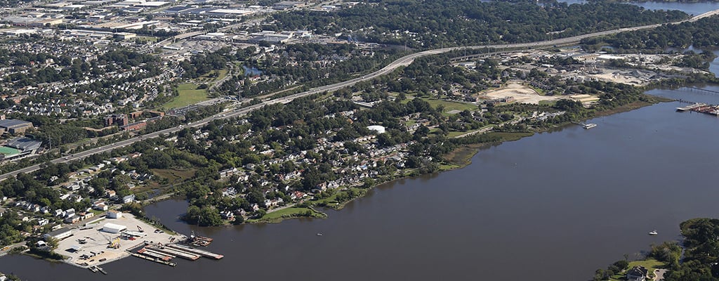 An aerial view of the City of Norfolk, Virginia.