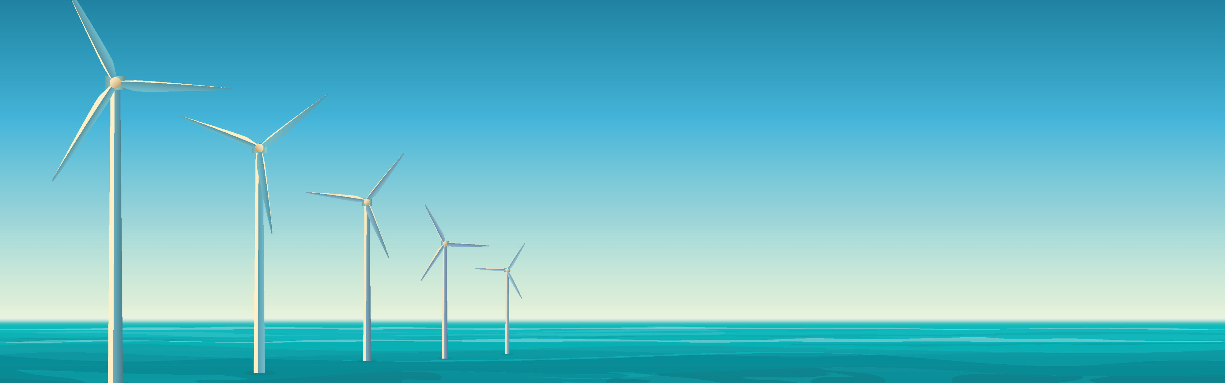Five wind turbines standing in the ocean.