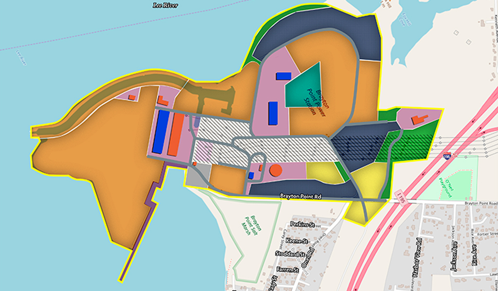 A map depicting redevelopment of a waterfront and port. 