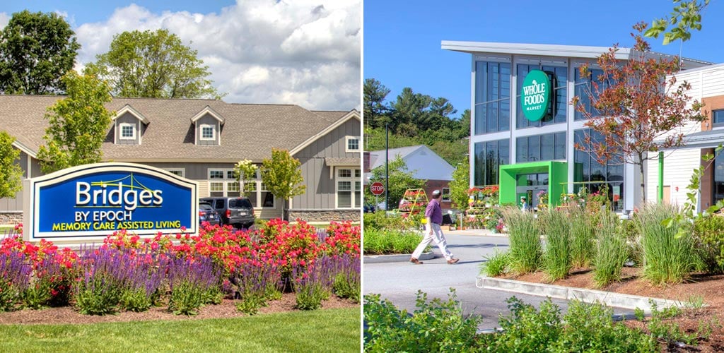 The Bridges by EPOCH at Meadow Walk in Sudbury, Massachusetts adjacent to Whole Foods. illustrates how senior living communities can be integrated into broader mixed-use environments.